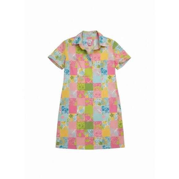 Lilly Pulitzer Vtg Shift Sheath Dress Sz 6 Patchwork Floral Shirt Dress Feminine - Picture 2 of 5